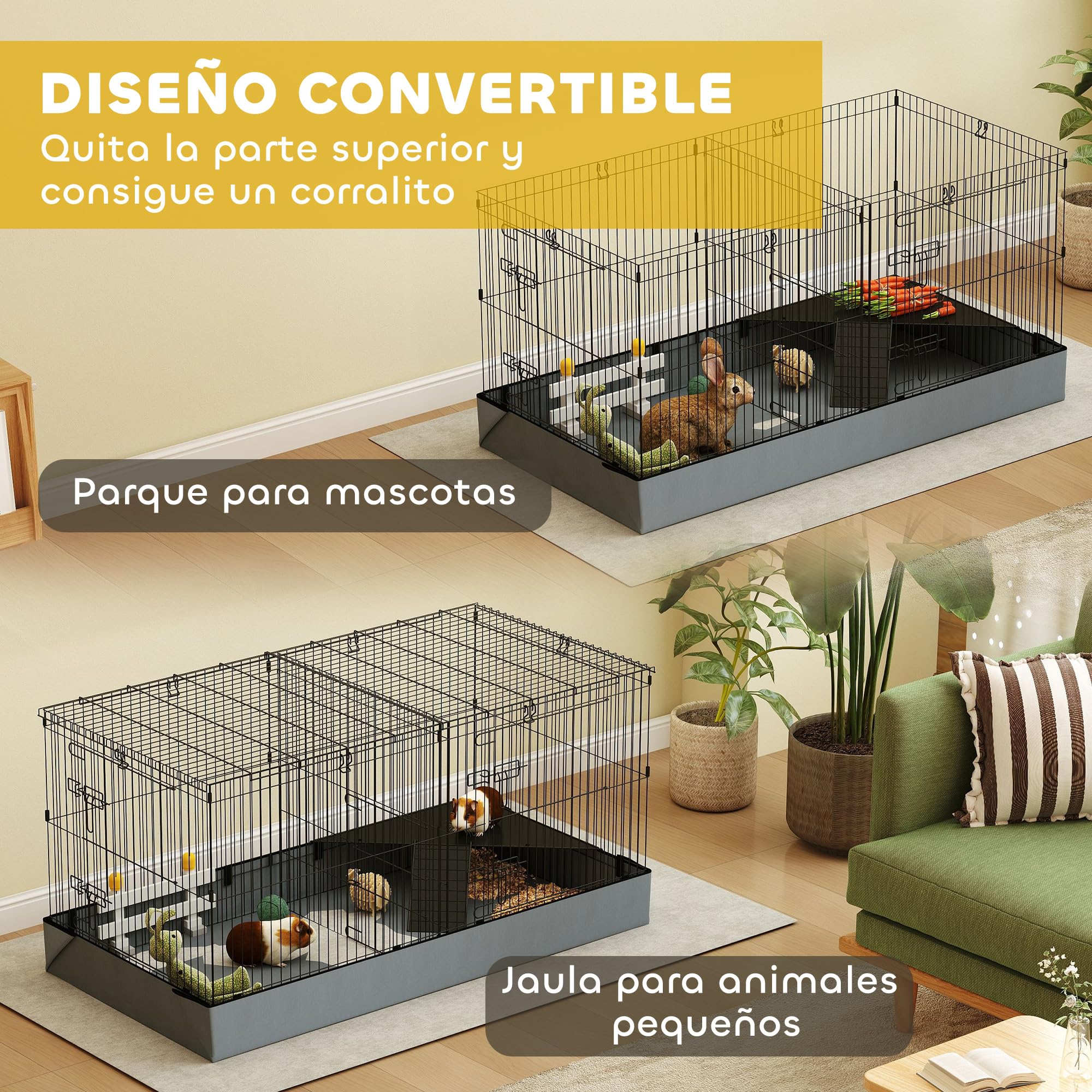 PawHut Jaula para Animales Pequeños 2 en 1 con Tapa Extraíble Parque para Mascotas Recinto para Conejos, Cobayas y Erizos 121x61x61 cm Negro