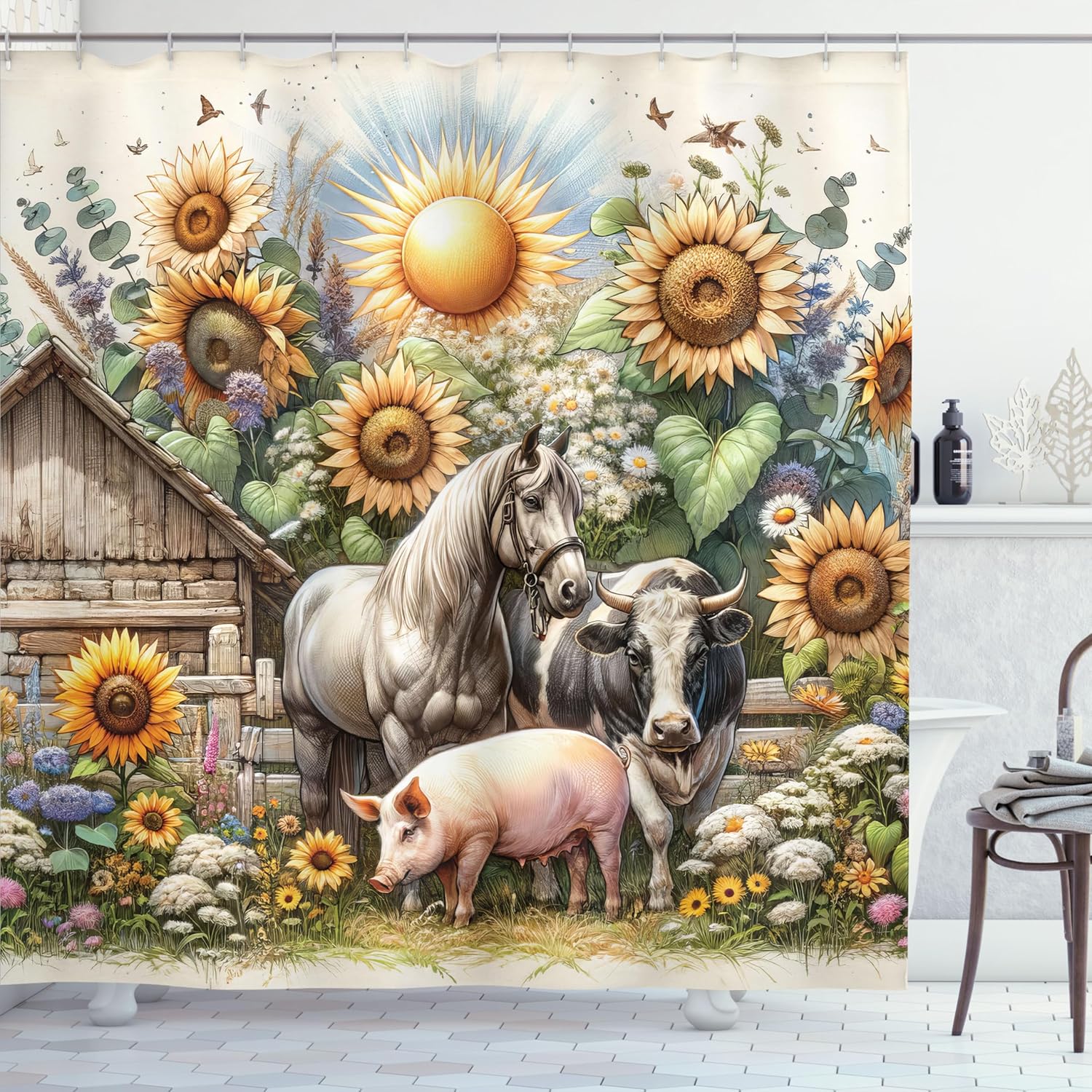 Ambesonne Rustic Shower Curtain, Vintage Rural Farmhouse Scene with Flowers Sun Horse Cow and Pig, Cloth Fabric Bathroom Decor Set with Hooks, 69" W x 70" L, Earth Yellow and Multicolor