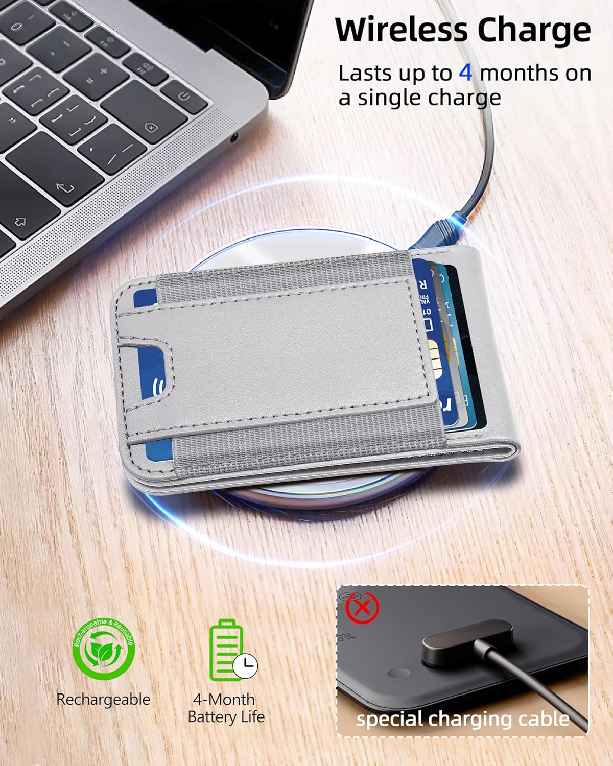 ExtreLife Magsafe Wallet being wirelessly charged on a charging pad, highlighting its 4-month battery life.