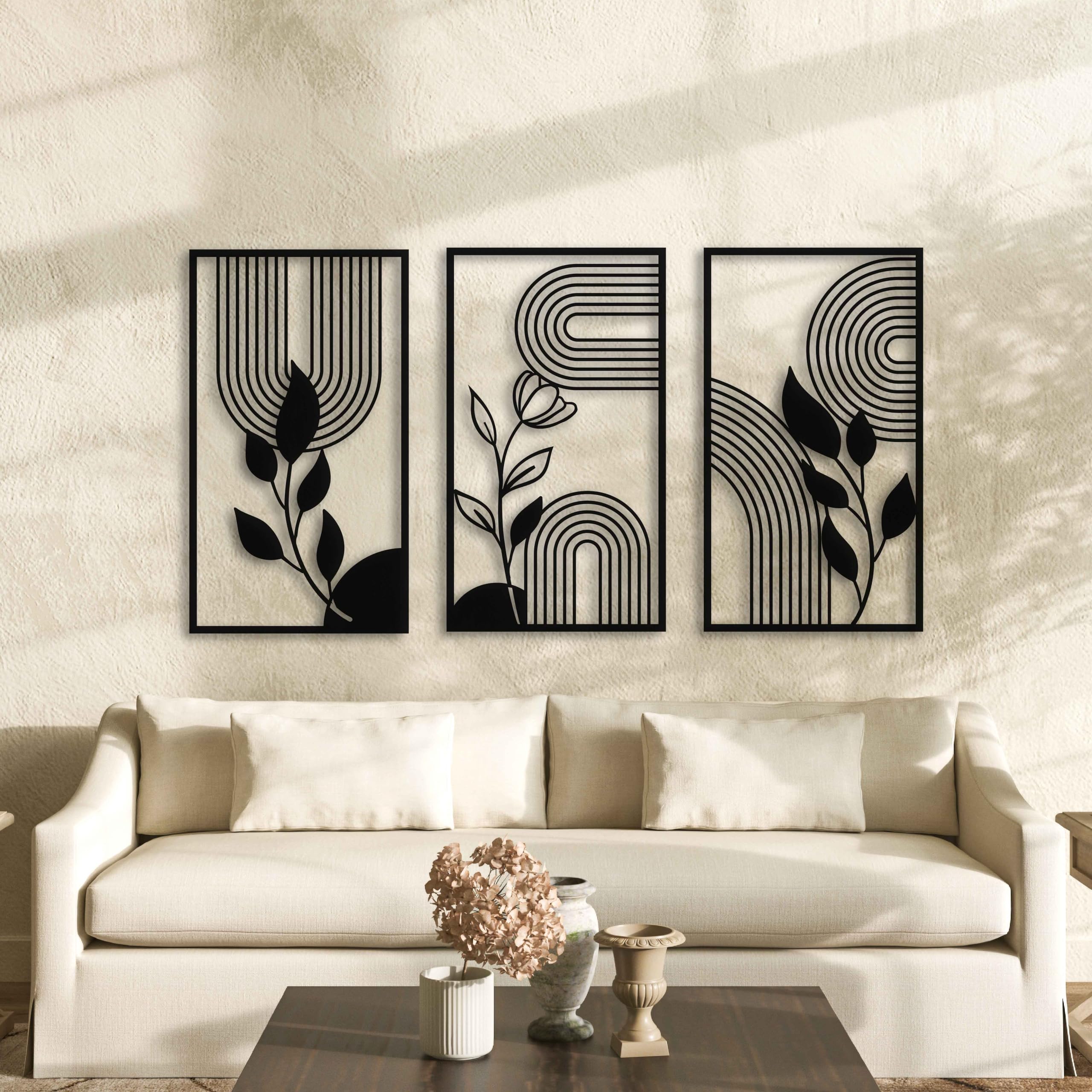 KAWA METALWORKS Moderne Metall-Wandkunst, florale Mitte des Jahrhunderts, moderne Wanddekoration über dem Bett, Blättern und Blumen, Boho-Wandkunst, ästhetisches Geschenk für Zuhause