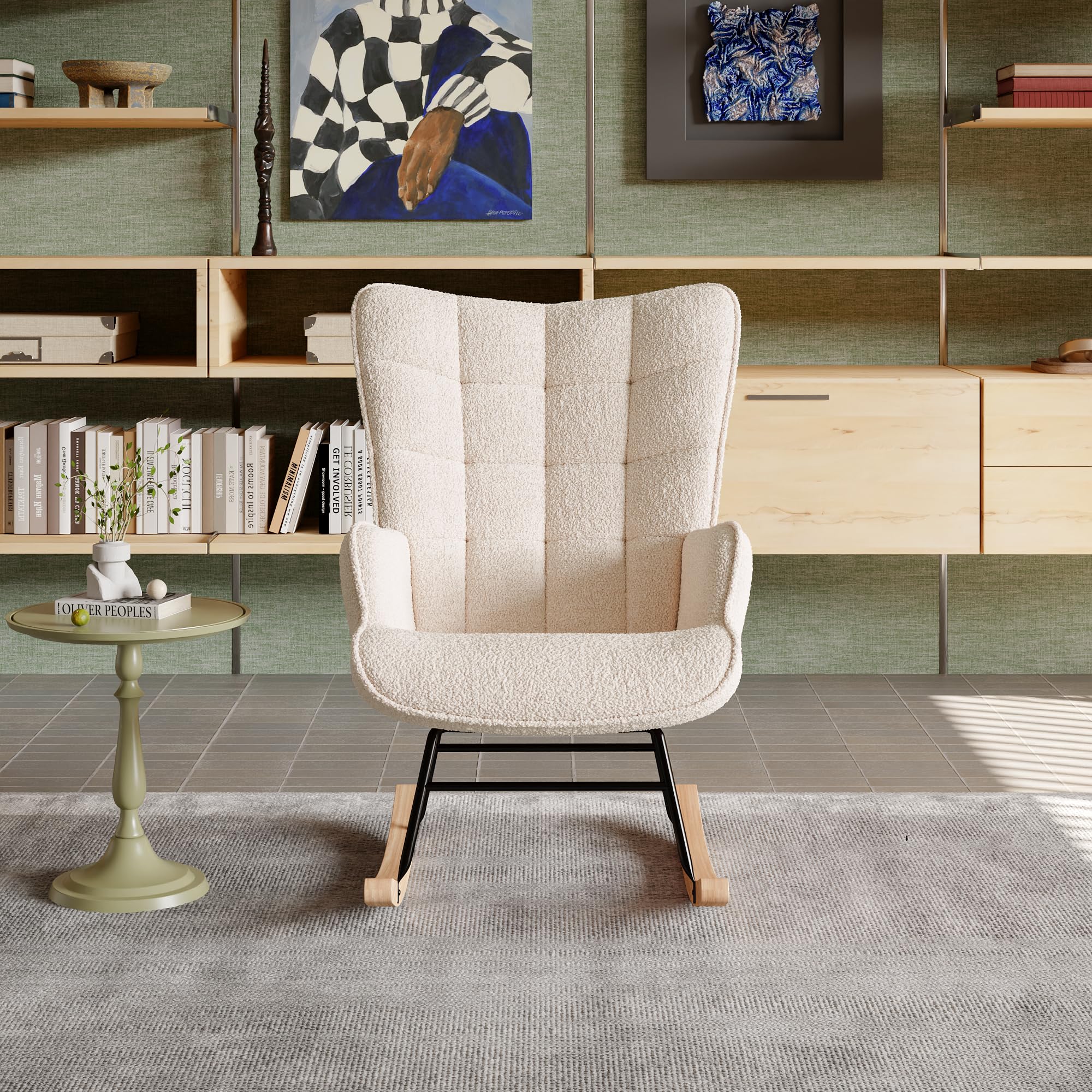 Fauteuil à Bascule, Rocking Chair, fauteuil a Basculeavec Polaire Sherpa, chaise a Bascule Allaitement, Chaise à basule, avec Pieds en Bois Massif pour Salon, Chambre, Balcon, Terrasse, Jardin