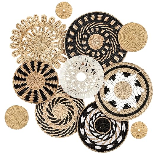 Tatuo 11 Pcs Boho Wall Basket Decor Decorative Bulrush Woven Basket Wall Decor Art Round Farmhouse Hanging Baskets for Kitchen Rustic Home Summer Decorations, Multi Sizes(Boho)