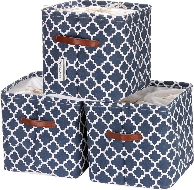Sea Team 3PCS Canvas Storage Basket Square Foldable Thick Dry Cleaning Basket With Leather Handles, Tie-In, For Organizing Clothes Towels Books Cosmetics Toys, Lattice Navy