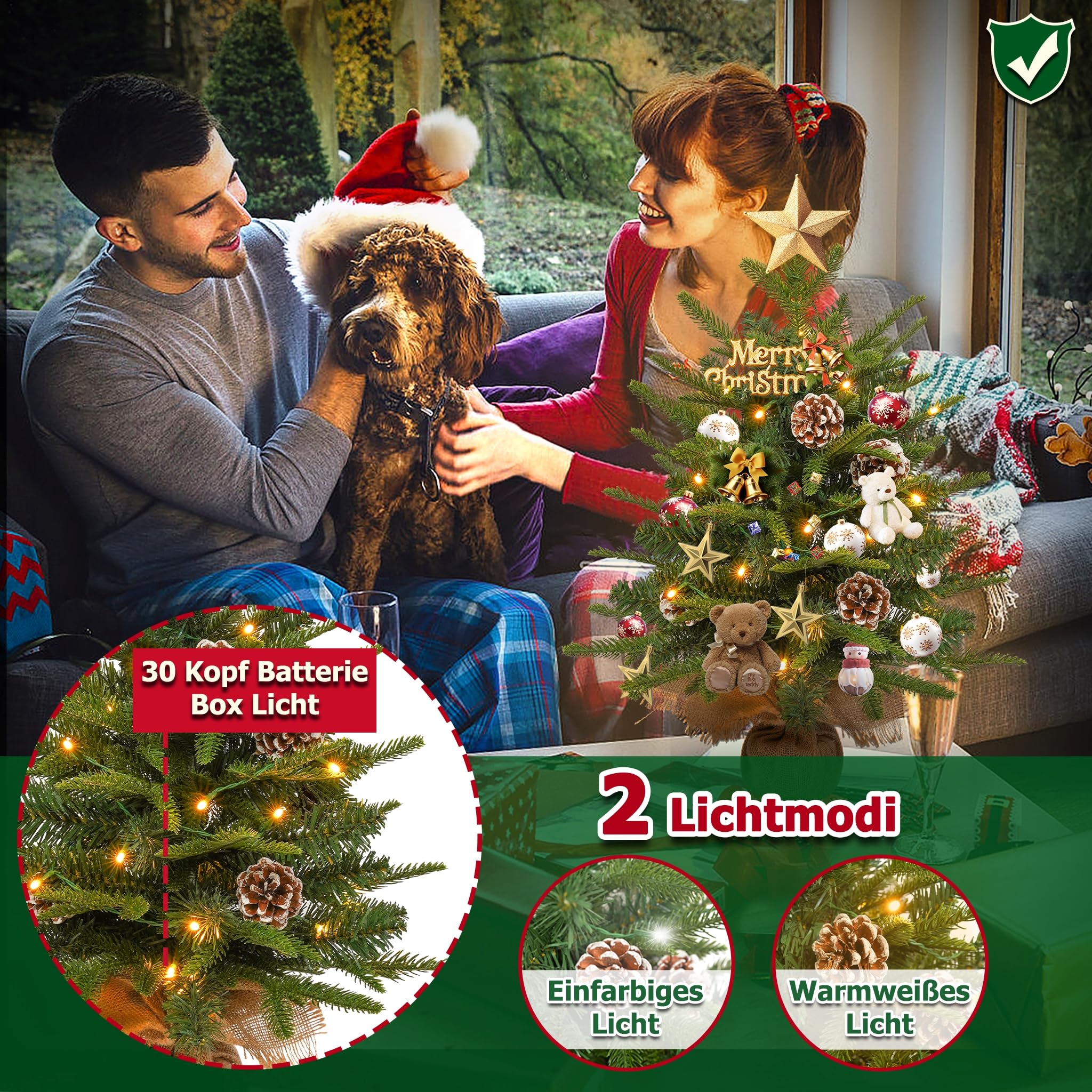 LILIIN Mini árbol de Navidad decorativo de 60 cm de PVC + PE, árbol de Navidad artificial, pequeño árbol de Navidad con cadena de luces LED, incluye caja de pilas y base (juego de 2)