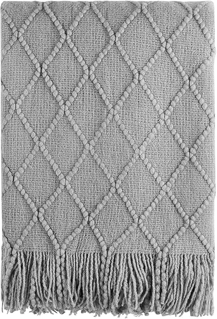 BOURINA Textured Solid Soft Sofa Throw Couch Cover Knitted Decorative Blanket,Light Grey, 127x152cm
