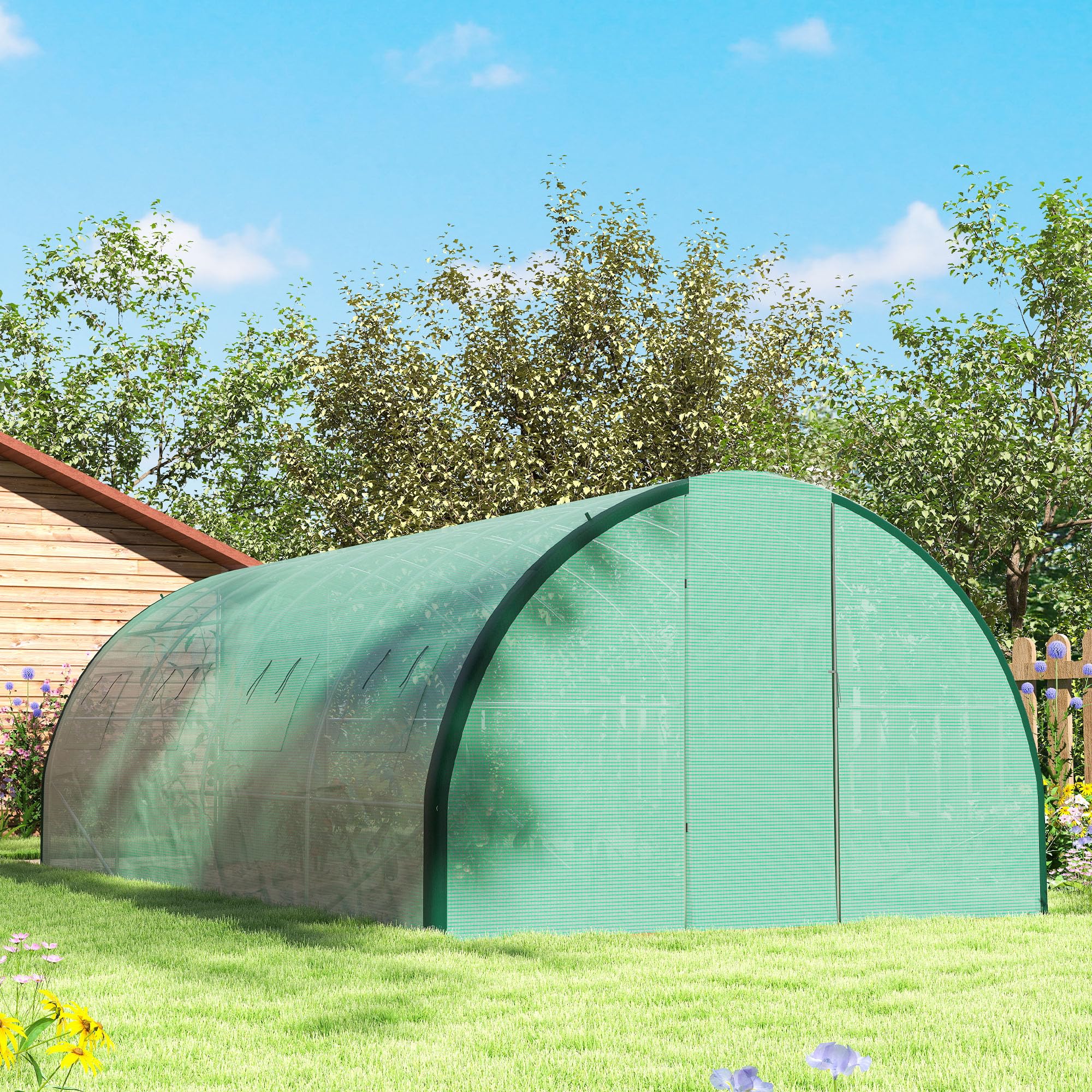 Outsunny Serre Tunnel de Jardin 18m² 600x300x200cm avec Portes et Fenêtres Moustiquaires PE Haute Densité 140g/m² Vert