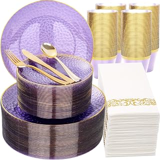 Rubtlamp 350 Pcs Clear Purple Plastic Plates, Gold Plastic Dinnerware Set (50 Guests), Purple Disposable Plates With Gold Rim, Hammered Party Plates Set for Wedding And Party