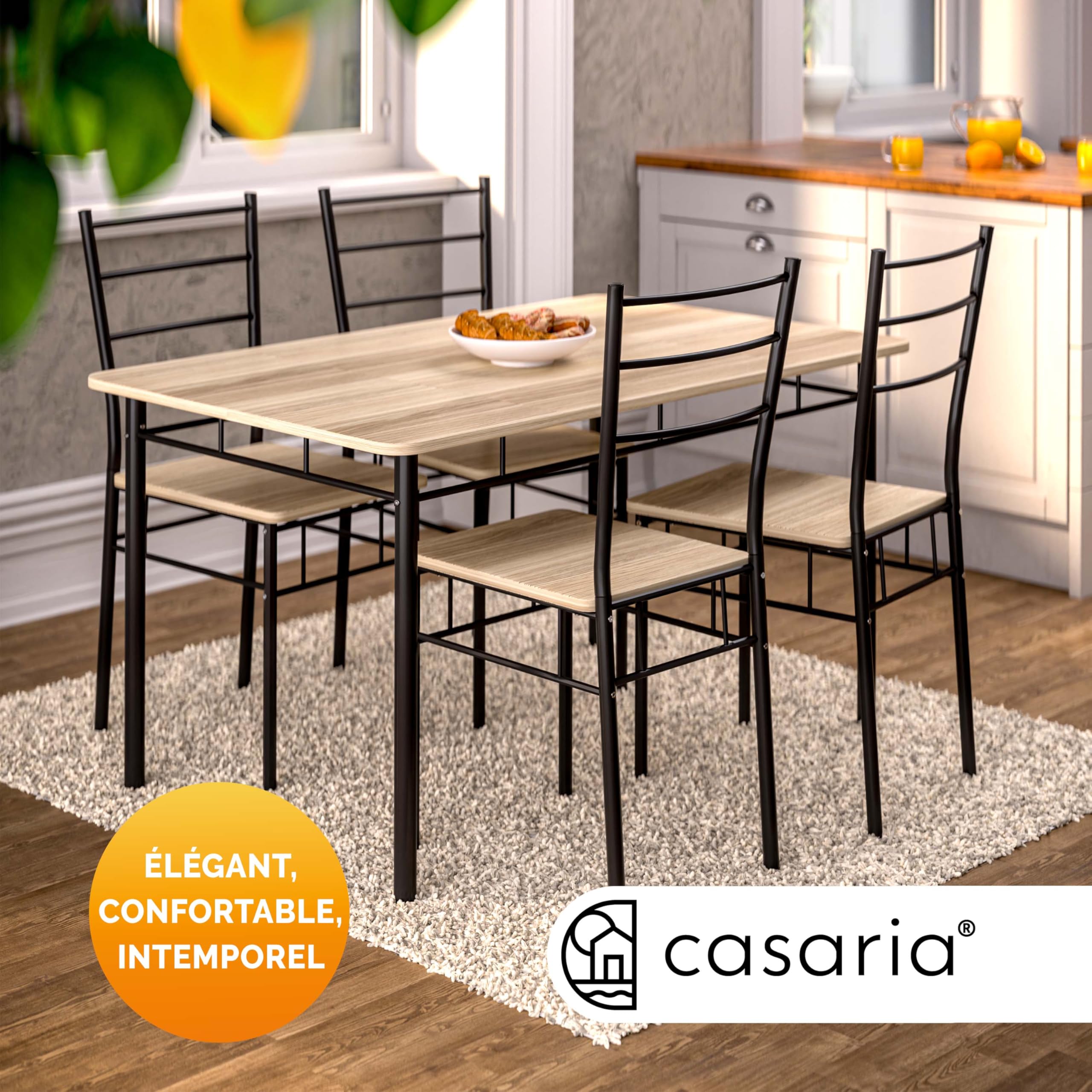 Casaria® Ensemble Leo Table avec 4 chaises chêne Clair MDF métal laqué Ensemble 5 pièces pour Salle à Manger Cuisine