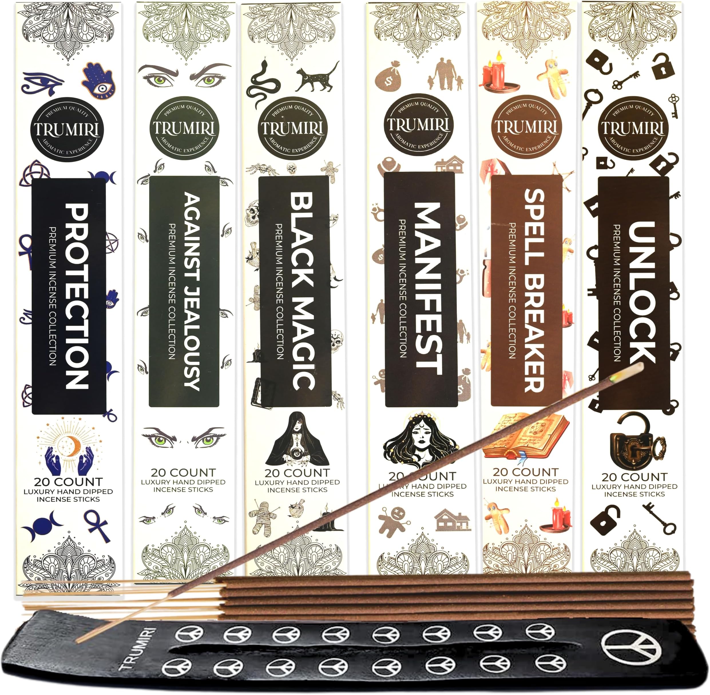 Trumiri Incense Sticks Variety Pack #11 and Incense Stick Holder Bundle with 6 Unique Witchcraft Fragrances