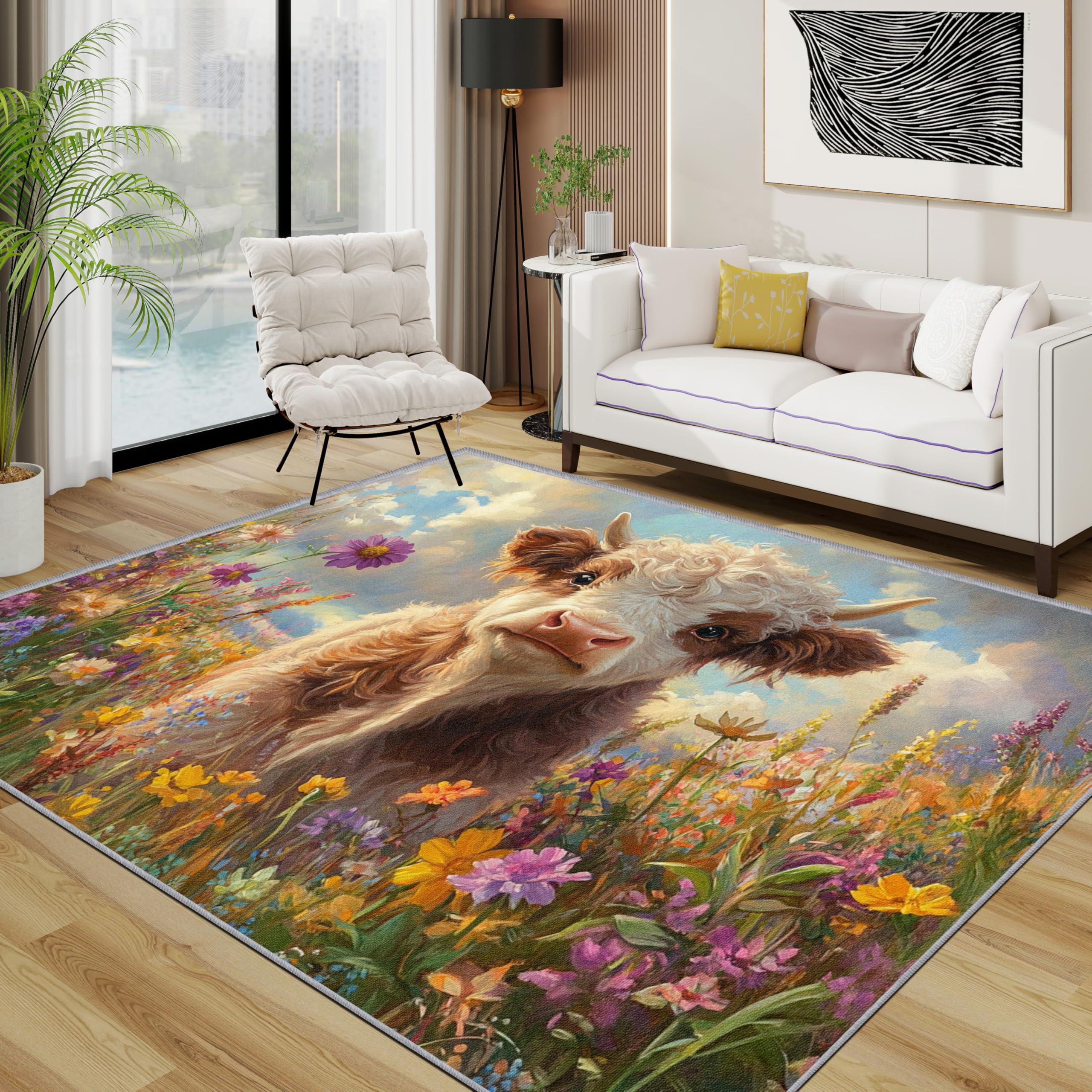 Highland Cow Rug - Cute Farm Animal Flower Small Rugs for Bedroom 60x90, Wildflower Rustic Floor Mat Soft Washable Non Slip Indoor Mats, Highland Cow Room Decor