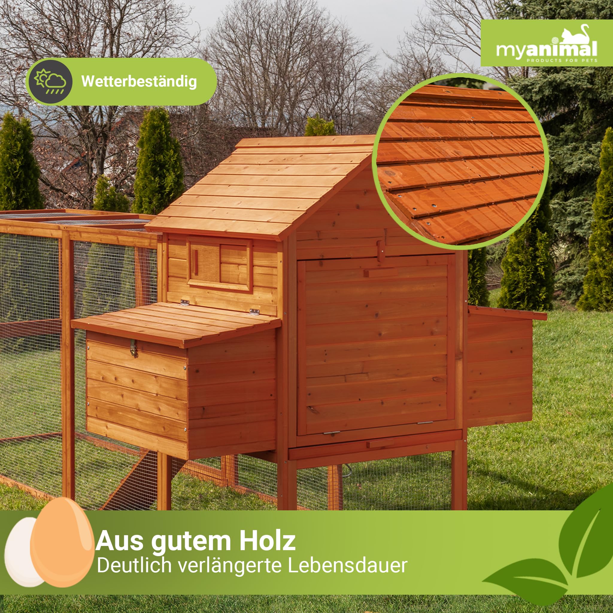Miweba MyAnimal Hühnerstall XXL für 8 Hühner | 234x127x124 cm Winterfest - Vogelhaus - Hühnergehege mit Nistkasten - Voliere - Hühnerhaus - Freilaufgehege Huhn - Legenest - Vogelvoliere (Grau/Weiß)