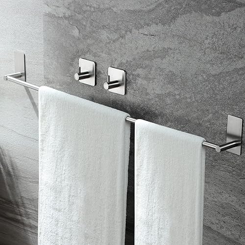 Vista 22 de Taozun Toallero de 16 pulgadas, soporte autoadhesivo para toallas de baño con 2 paquetes de ganchos para toallas, kit de accesorios de baño de acero