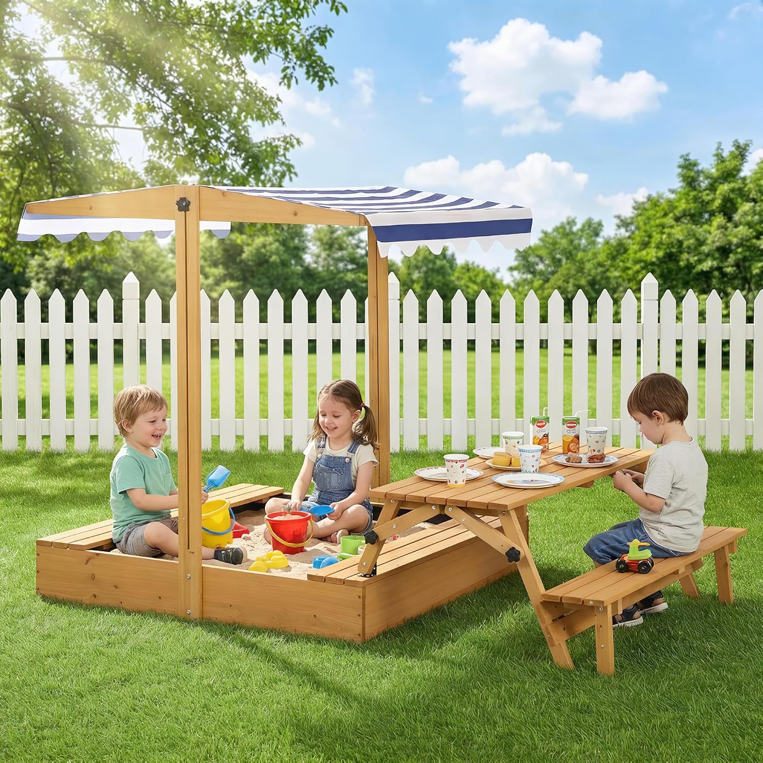 Kids Wooden Sandbox with Picnic Table, 2-in-1 Large Sand Box with Convertible Bench Set, Retractable & Rotatable Canopy, Sandboxes with Black Liner for Outdoor Backyard Patio Garden