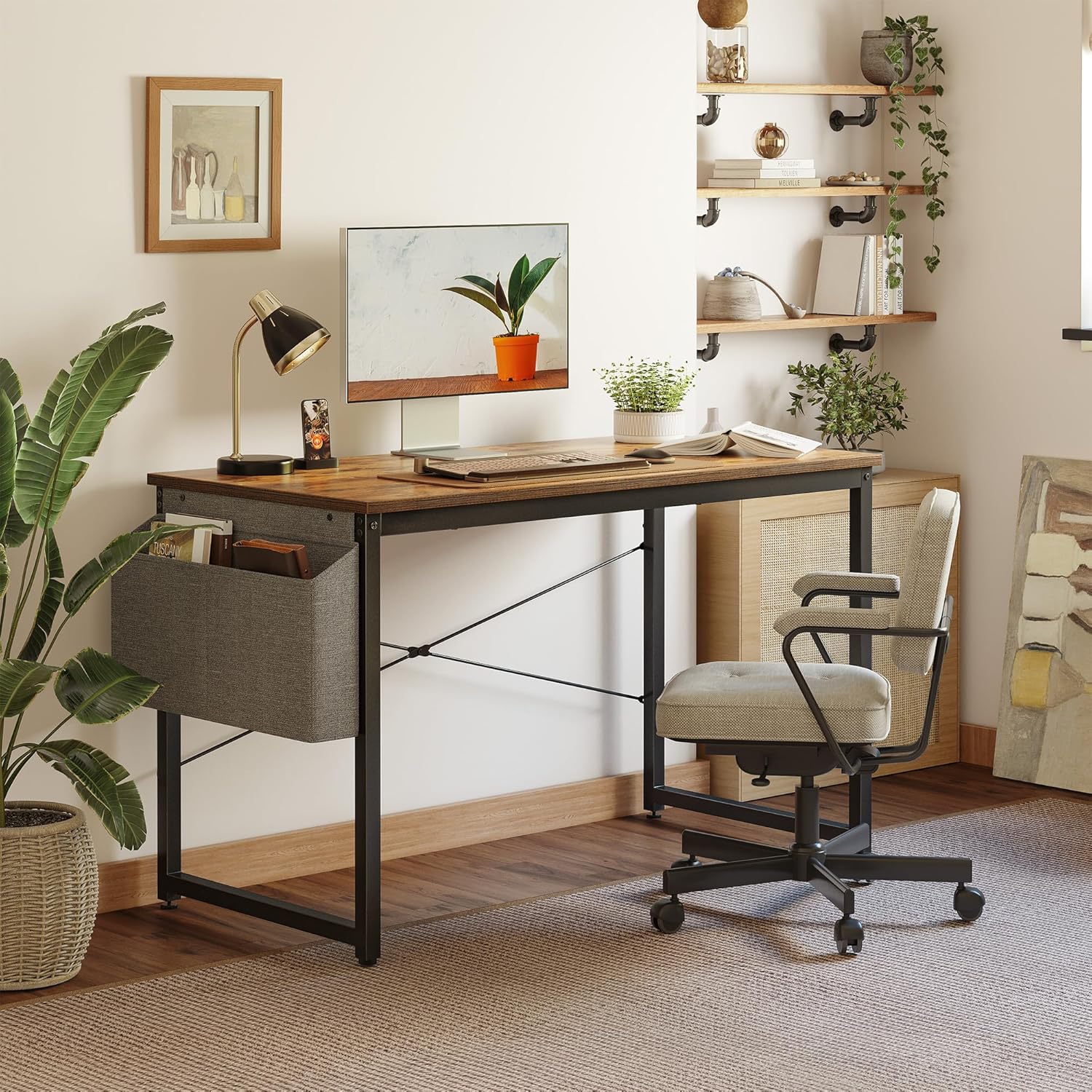 Cubiker Computer Desk 40 inch Home Office Writing Study Desk, Modern Simple Style Laptop Table with Storage Bag, Brown