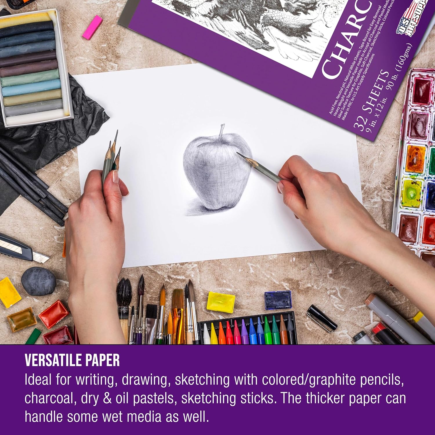 U.S. Art Supply 9" x 12" Premium Heavy-Weight Charcoal Sketchbook (2 Pack, 64 Sheets Total) - 90lb (160gsm) Sketch Book Pad for Charcoal, Pencil & Pastel Drawing