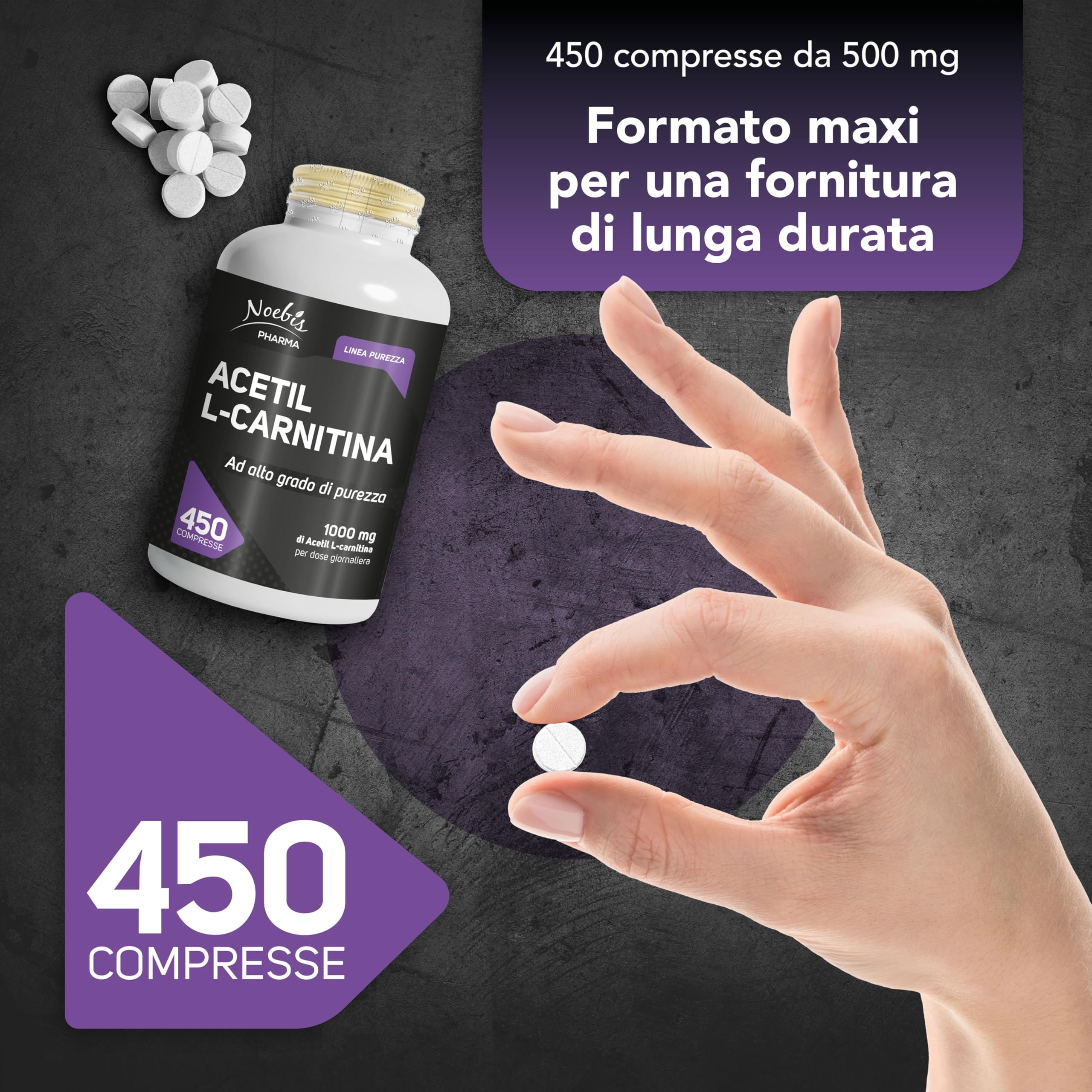 Acetil L-Carnitina Noebis Pharma - 1000 mg per Dose Giornaliera - 450 Compresse - Energia e Vitalità - Maxi Formato