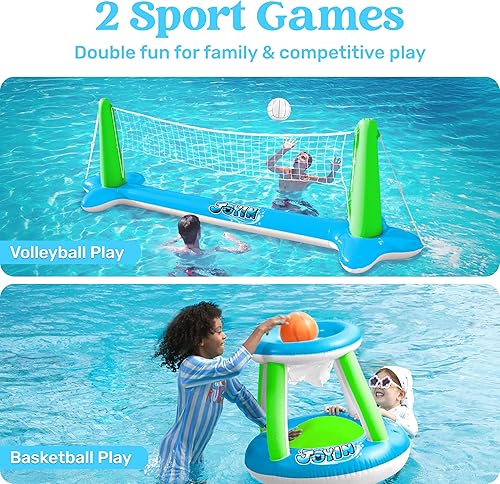 Miniatura 2 de JOYIN Juego de flotador de piscina inflable con red de voleibol y aros de baloncesto; bolas incluidas para niños y adultos, juego de piscina