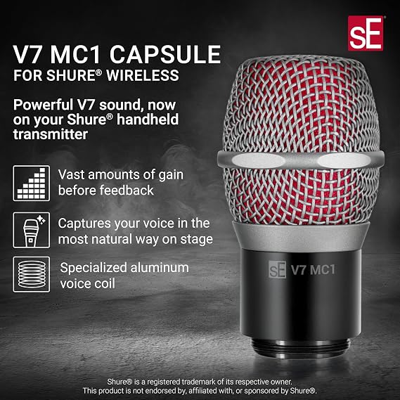 SE ELECTRONICS V7 MC1 Wireless Microphone Capsule - Compatible with Shure Wireless Transmitters - Professional Dynamic Microphone for Singing, Speech & Music Studio Recording (Black)