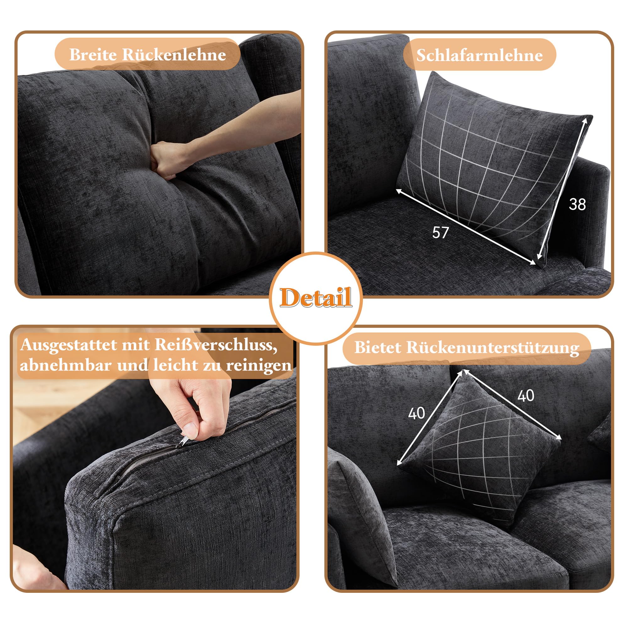 Sofá moderno modular de tela de felpilla, sofá cama de 3 plazas, de 4 plazas, sofá esquinero en forma de L con reposapiés, sofás con chaise longue, 216 x 161 x 81 cm (gris)