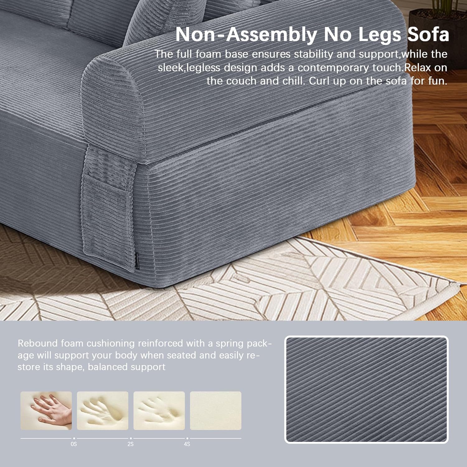 83" Modern Sofa in a Box, No Assembly Oversized 3 Seater 28" Deep Seat Cloud Sofa Bed Couch with 4 Furry Pillows & Corduroy Fabric, Boneless Couch with Side Storage Pockets for Living Room, Dark Grey