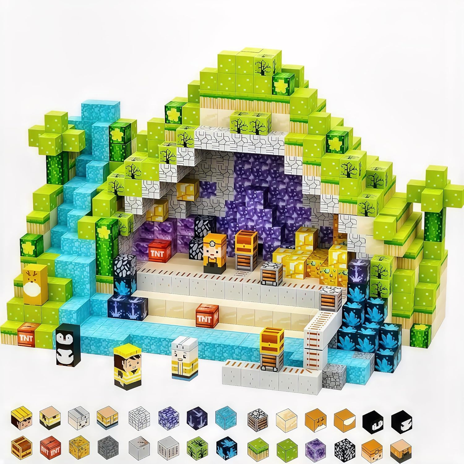 150PCS Magnetic Building Blocks Set for Kids 3+, Forest Mine Exploration Magnetic Cubes with Mini Figures, STEM Educational Construction Toys for Boys Girls, 0.8 in Magnet Blocks