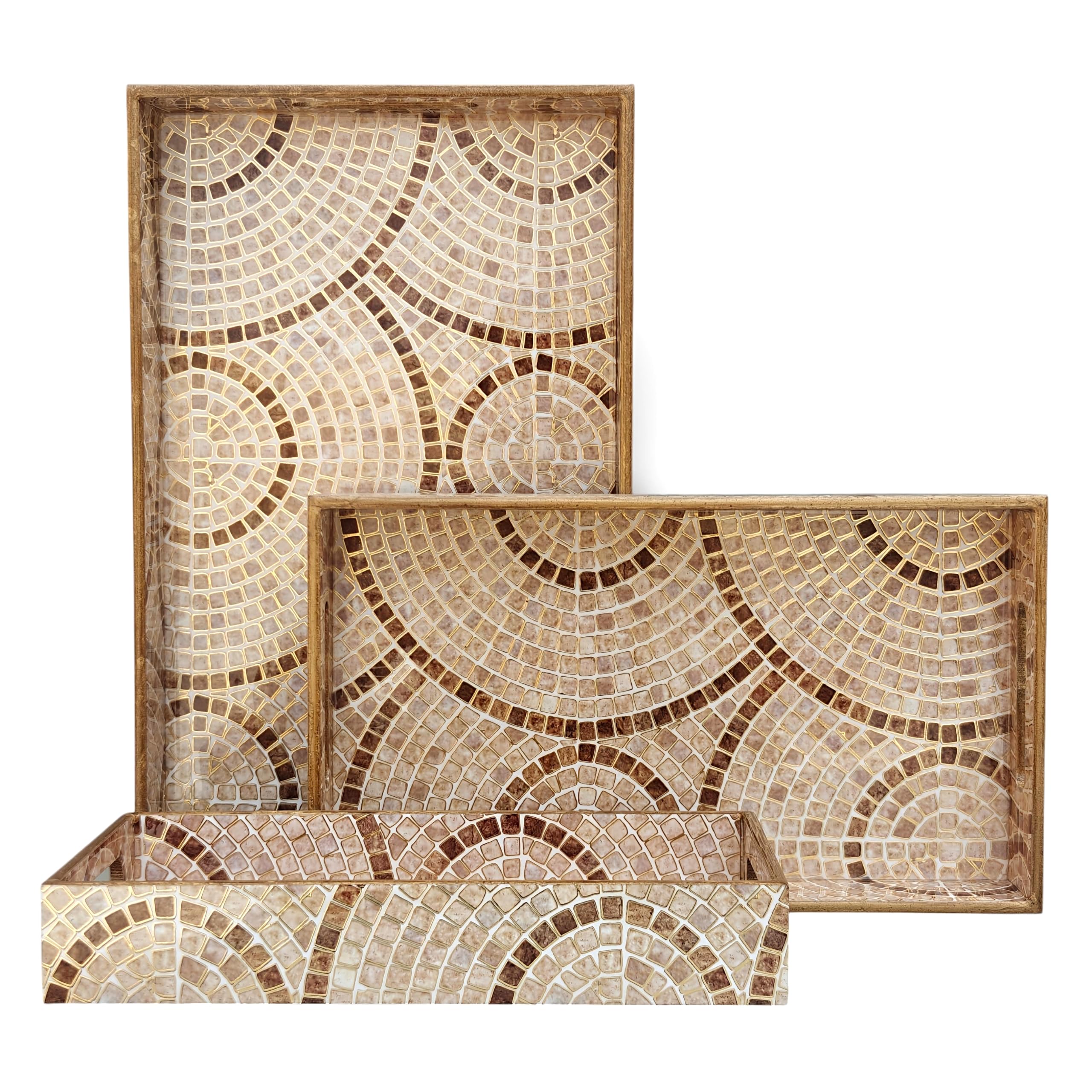 MDF Serving Trays of 3 | Mosaic Serving Trays | Enamel Coated Waterproof | Brown and Beige | Decorative Rectangular Tray Set with Handles,-image-8