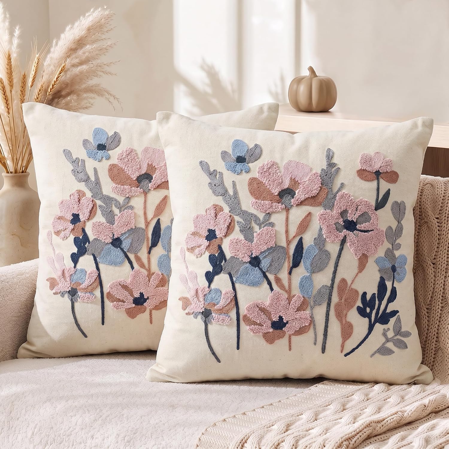 AVOIN colorlife Poppy Flowers Chinoiserie Spring Fall Embroidered Throw Pillow Covers, 18 x 18 Inch Seasonal Leaves Decor Tufted Patterned Linen Cushion Case for Sofa Couch Set of 2