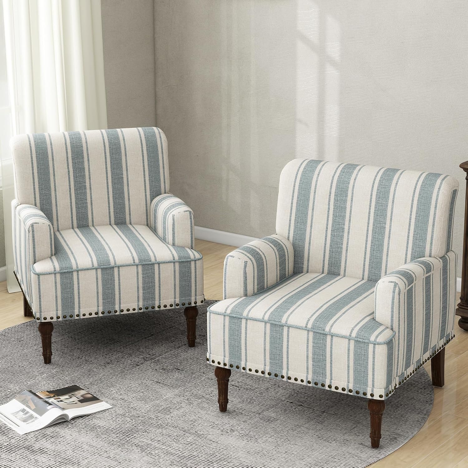 UIXE Blue Stripe Accent Chairs Set of 2 for Living Room