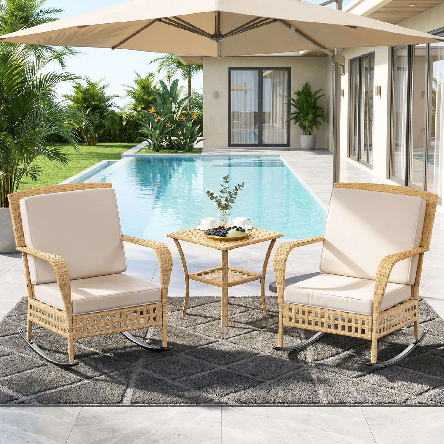 DECMICO Outdoor Rocking Chair, 3 Pieces Wicker Rocking Bistro Set with Rattan Table, Rattan Rocking Chairs with Washable Cushions, Outdoor Wicker Chair for Garden Backyard Porch Poolside