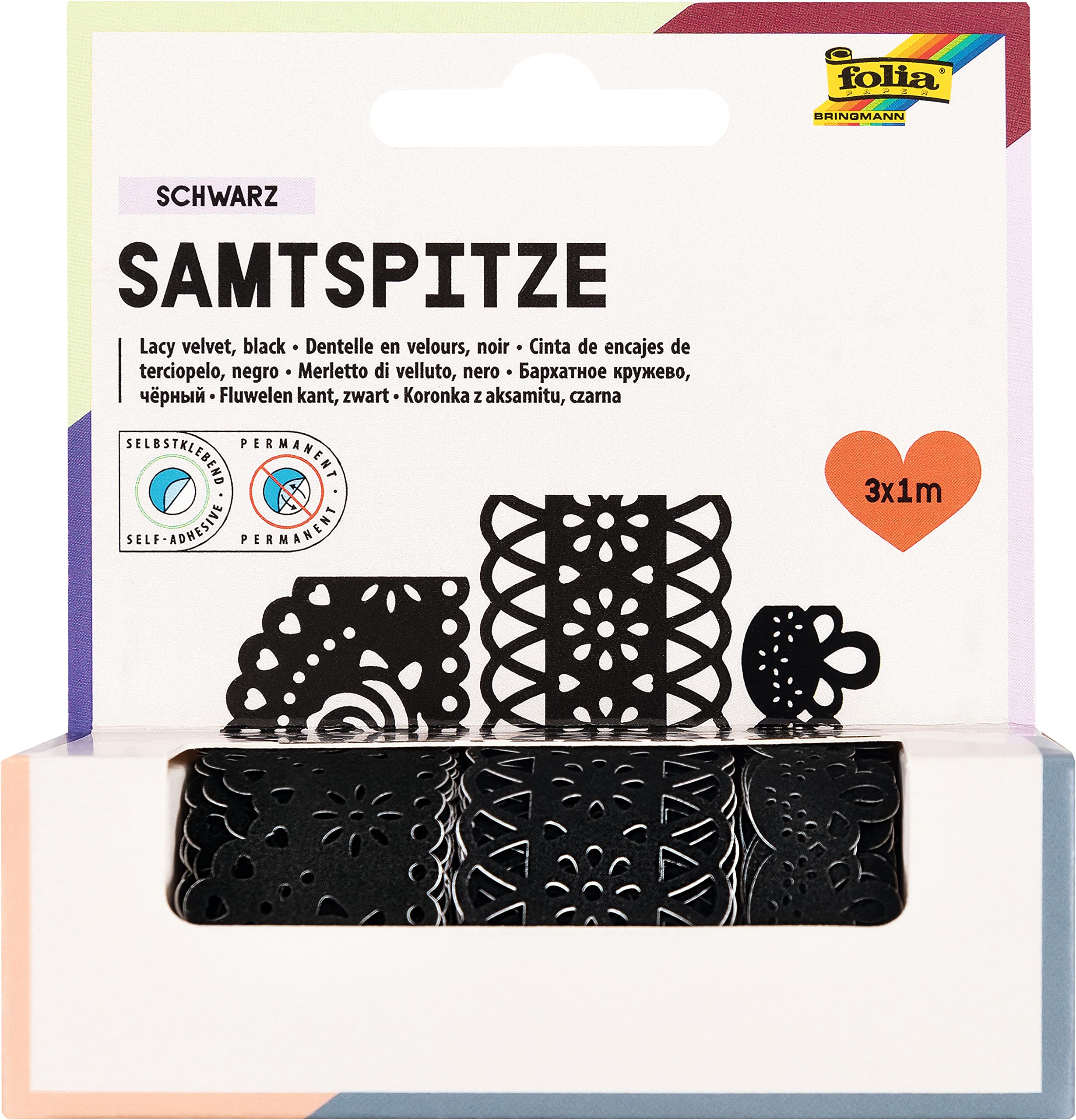 Folia 12700 Velvet Bordered Folklore Decorative Border Rolls - 3 Self-Adhesive Rolls, 1 Meter Each, Assorted Patterns