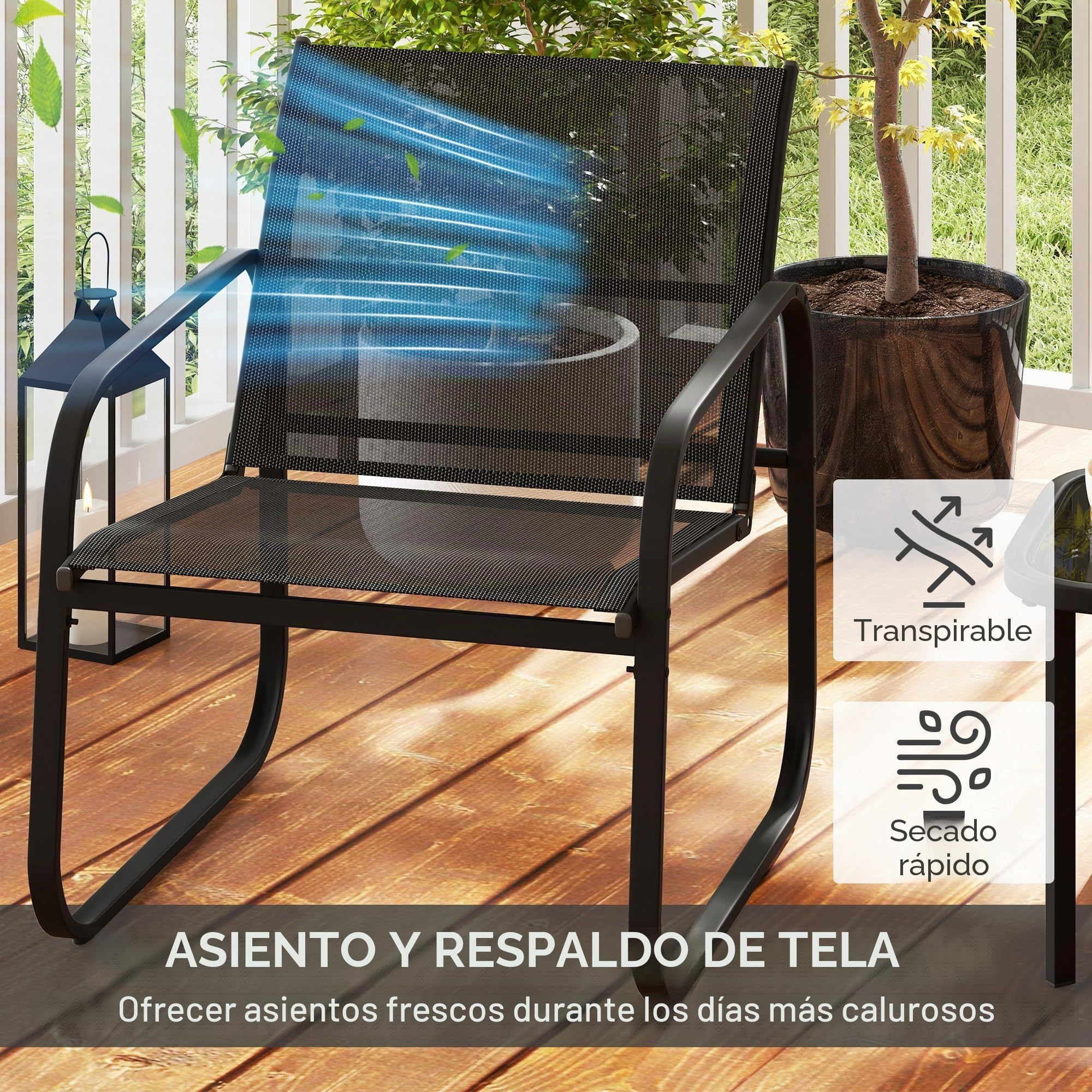 Outsunny - Juego de bistró de jardín (3 piezas, salón de jardín al aire libre, 2 personas, con 2 sillas de malla y mesa de centro de vidrio templado, muebles de jardín, terraza, balcón y porche, color | Salón de jardín al aire libre, sillas de malla, mesa