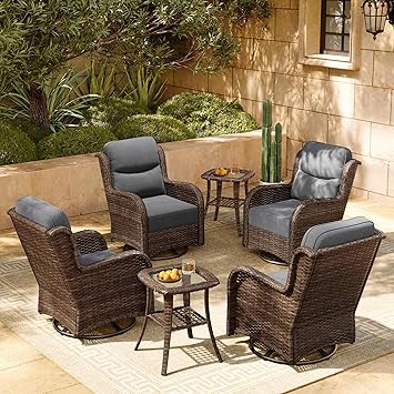 HILLGA Luxury Patio Furniture Set with 6-inch Thick Cushion, Outdoor High Back Swivel Rocker Patio Chairs, 6PCS Wicker Conversation Set for Deck Yard and Poolside, Dark Grey (V2)