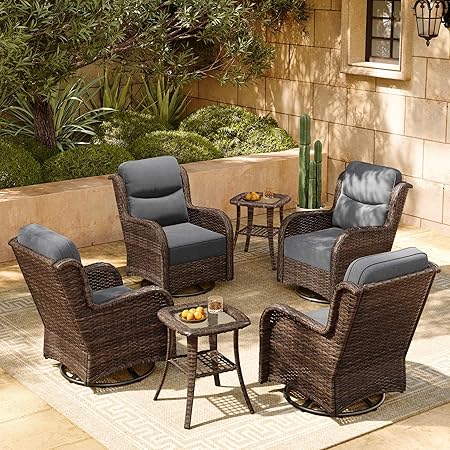 HILLGA Luxury Patio Furniture Set with 6-inch Thick Cushion, Outdoor High Back Swivel Rocker Patio Chairs, 6PCS Wicker Conversation Set for Deck Yard and Poolside, Dark Grey (V2)