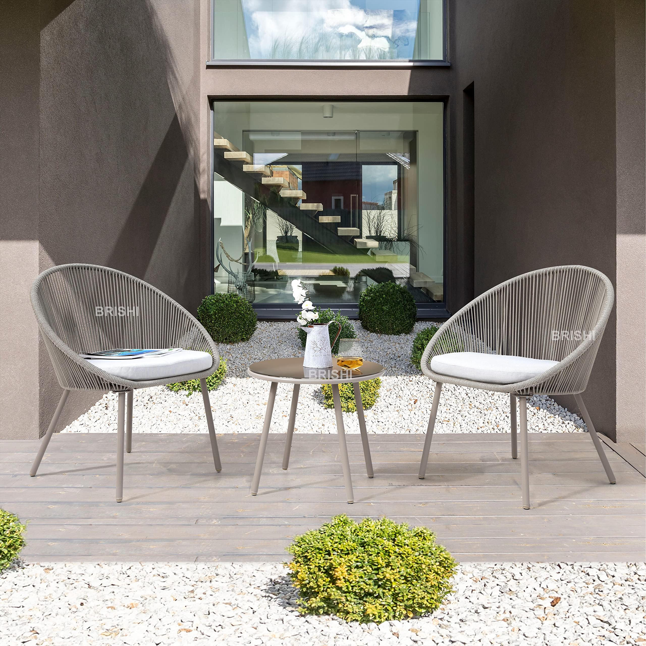 ENTWINE Garden Patio Seating Chair and Table Set Outdoor Balcony Garden Coffee Table Set Furniture with 1 Table and 2 Chairs Set with Cushion Braid & Rope (Light Grey.)-image-44