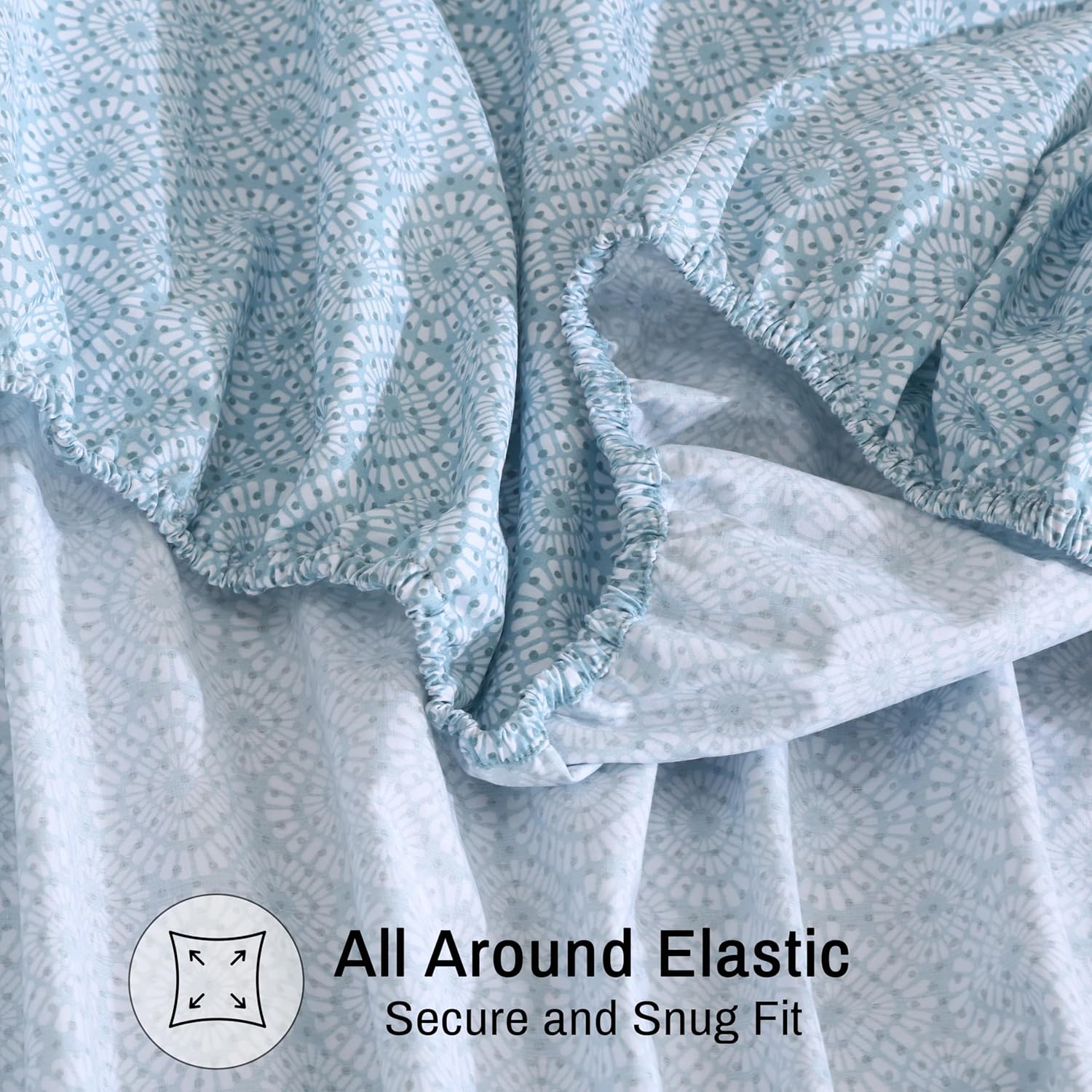ZOYER 100% Cotton Sheets – Queen Size Percale Bedding, Cooling & Breathable, Durable with a Crisp, Soft & Comfortable Feel, 16" Deep Pocket, 4-Piece Set, Teal Geo