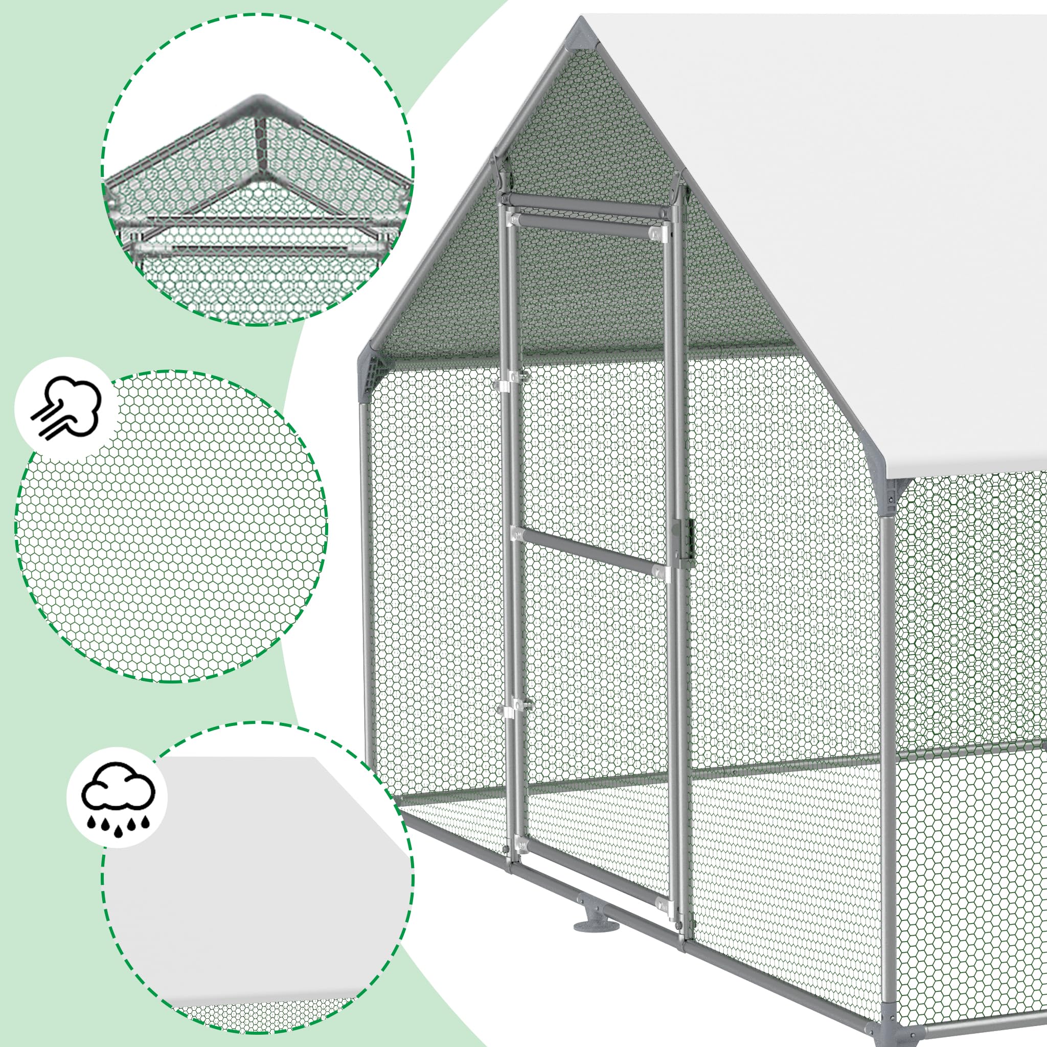 FIVMEN Recinzione per Pollaio 3x2x2 m Recinto Pollaio in Metallo 6 m² Gabbie per Pollame con Tetto di Protezione Solare, Porta e Sbarre Recinto Esterno Gabbie per Polli Stalle per Pollame