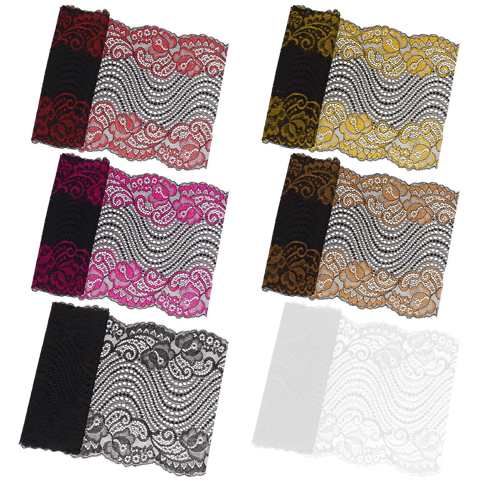 Glarks 6Rolls 5.49m 180mm Wide Fabric Lace Ribbon, 6 Color Bilateral Floral Pattern Fabric Lace Ribbon, Stretch Elastic Trim for Wedding Decorating, Sewing, Hair Bow Making