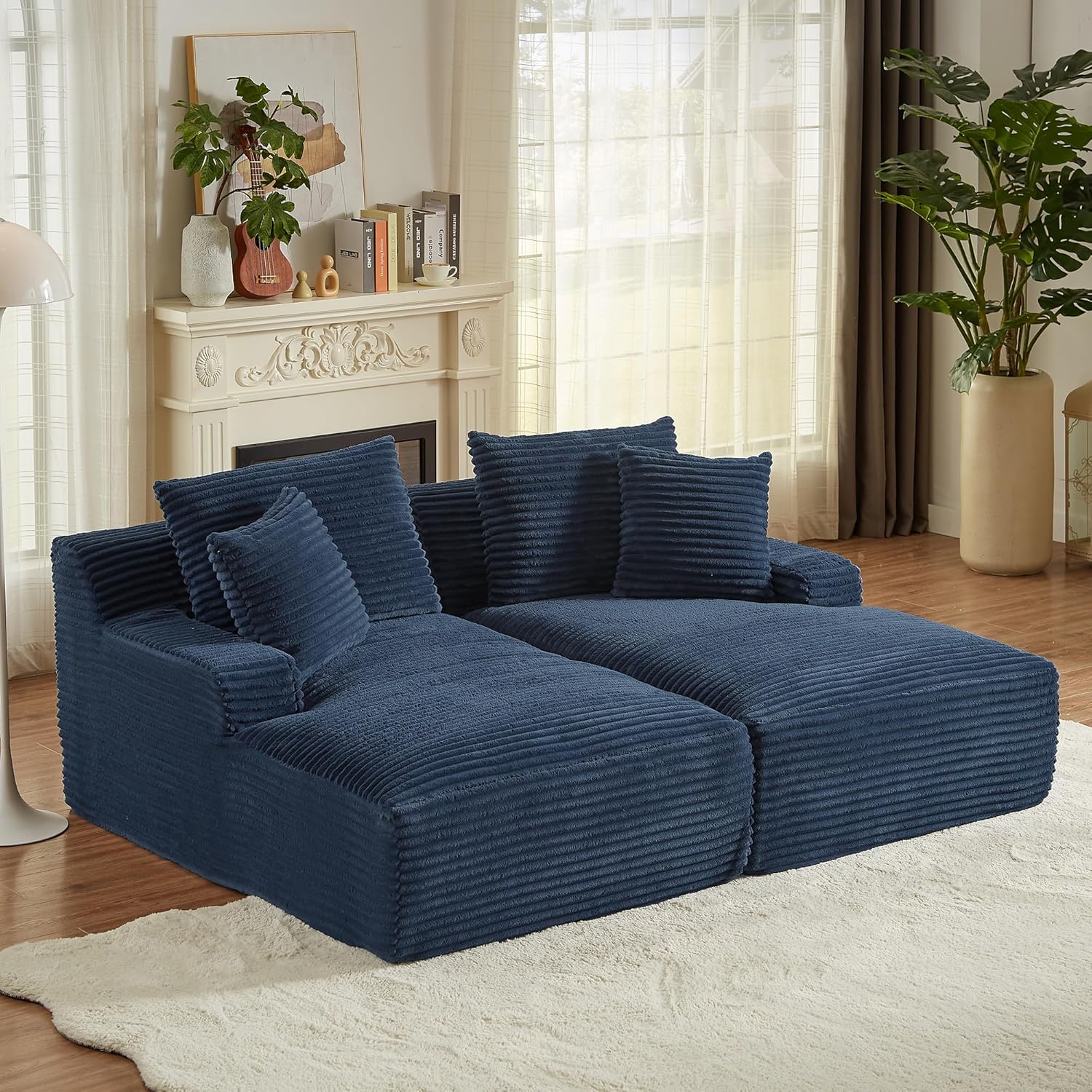 Oversized Double Chaise Lounge Chairs, Corduroy Upholstered Sofa Bed, Modern Sleeper Loveseat Chair with Throw Pillows for Living Room, Apartment, No Assembly (Blue, 78.8inch)