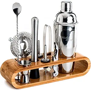 Mixology Bartender Kit: 10-Piece Bar Tool Set with Bamboo Stand | Perfect Home Bartending Kit and Martini Cocktail Shaker Set for a Perfect Drink Mixing Experience | Fun Housewarming Gift (Silver)