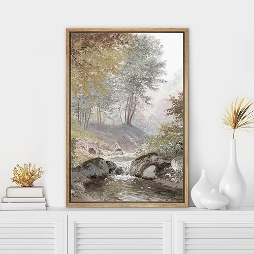 SIGNWIN Lienzo enmarcado para pared, río cerca del otoño, bosque, árbol, campo, naturaleza, desierto, arte moderno, decorativo, contemporáneo, para