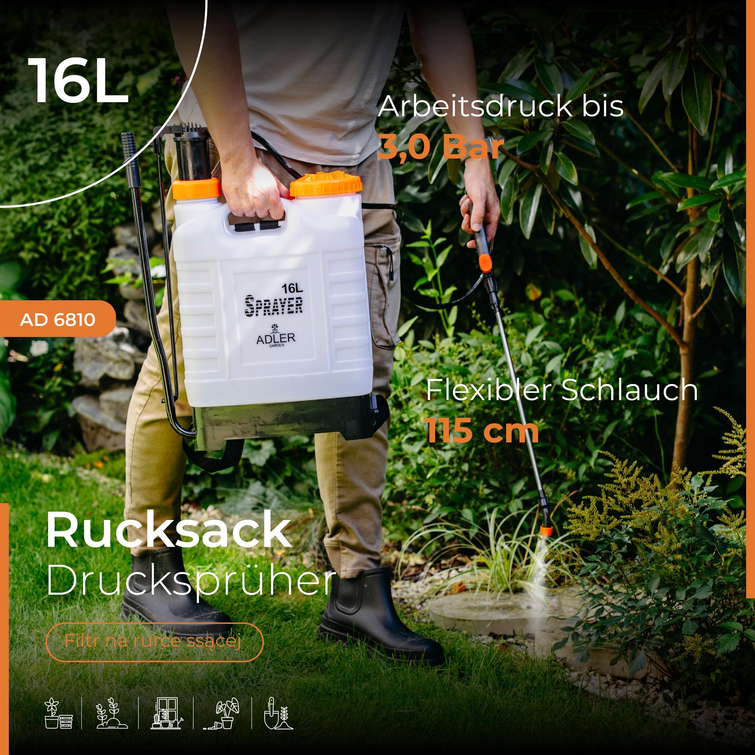 ADLER EUROPE Rückenspritze – Drucksprüher 16 L mit teleskopischer 48–83 cm Edelstahl-Lanze und 115 cm Schlauch, Arbeitsdruck 2–3 bar - Sicherheitsventil – ideal für große Gärten und Nutzflächen