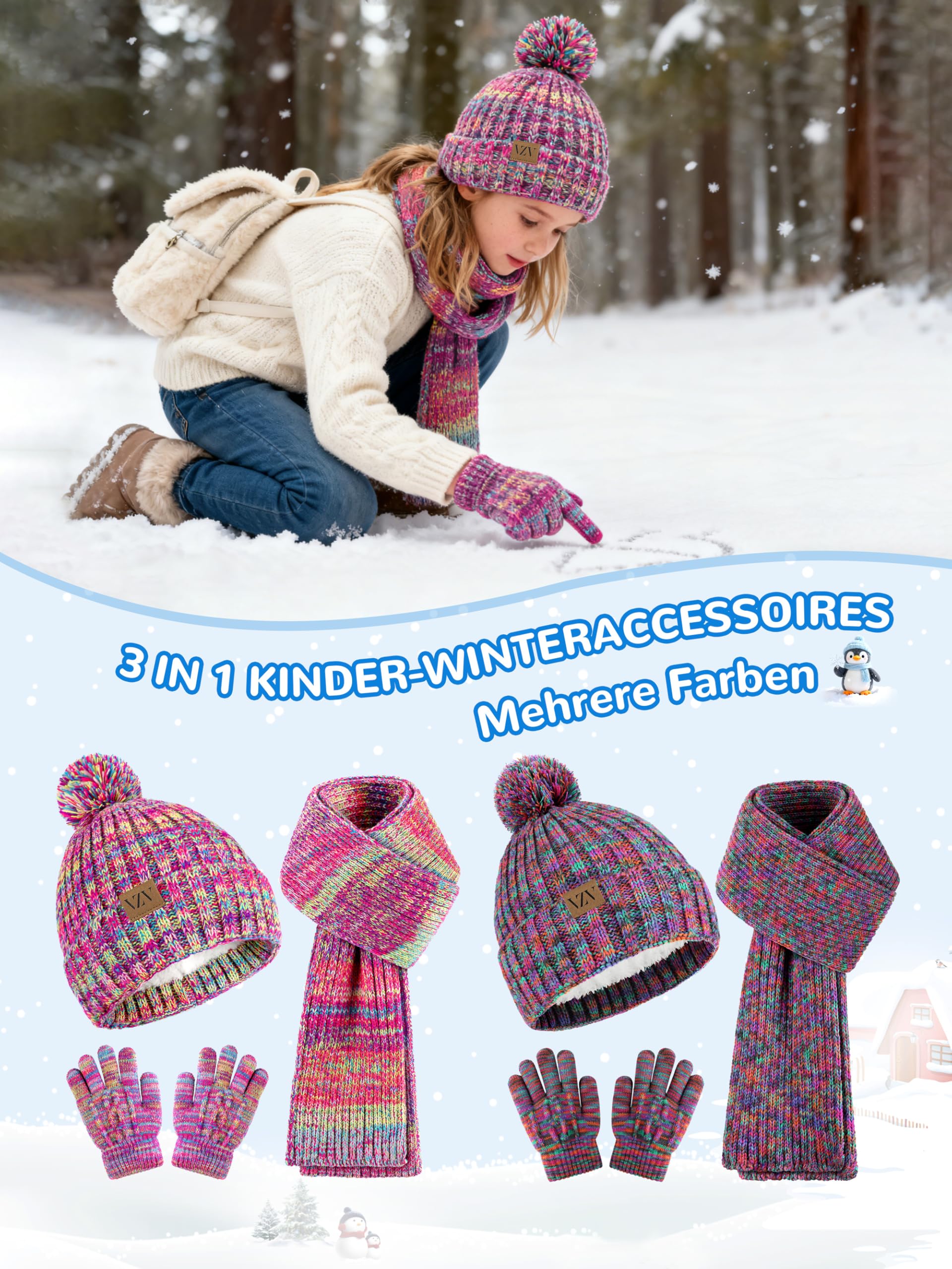 VZV Kinder Winter Mütze Schal Handschuhen Set, Winter Strickmütze mit Bommel Warme Halstuch Gefütterte Fleece-Handschuhe für Jungen Mädchen 2-14 Jahre
