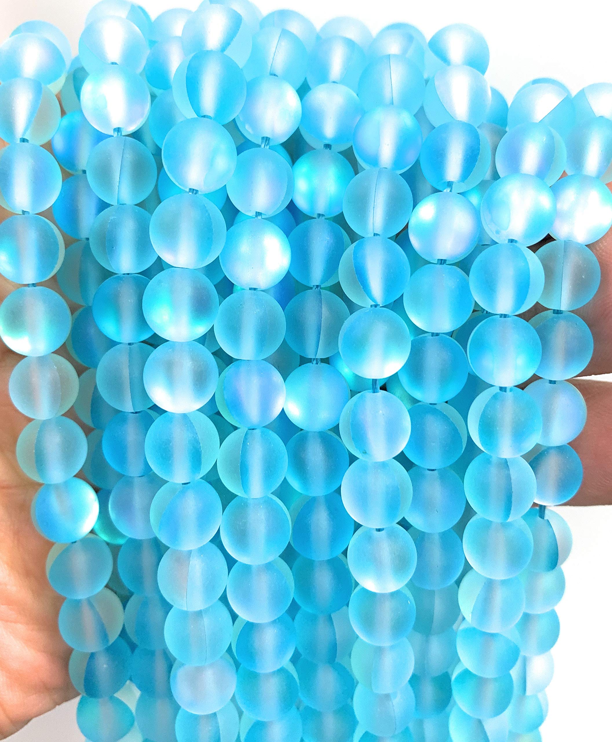 Beadalgo - Frosted Aura Crystal Mermaid Glass Beads 6mm, 8mm, 10mm, 12mm - 15 inch Strand (Aqua Blue, 6 mm)