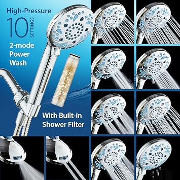 AquaCare High Pressure 10-mode Filter Handheld Shower Head with Built-in Power Wash - Clean Tub, Tile & Pets, Remove Chlorine, Metals & Toxins from Water to Protect Skin, Hair & Nails. Chrome Finish