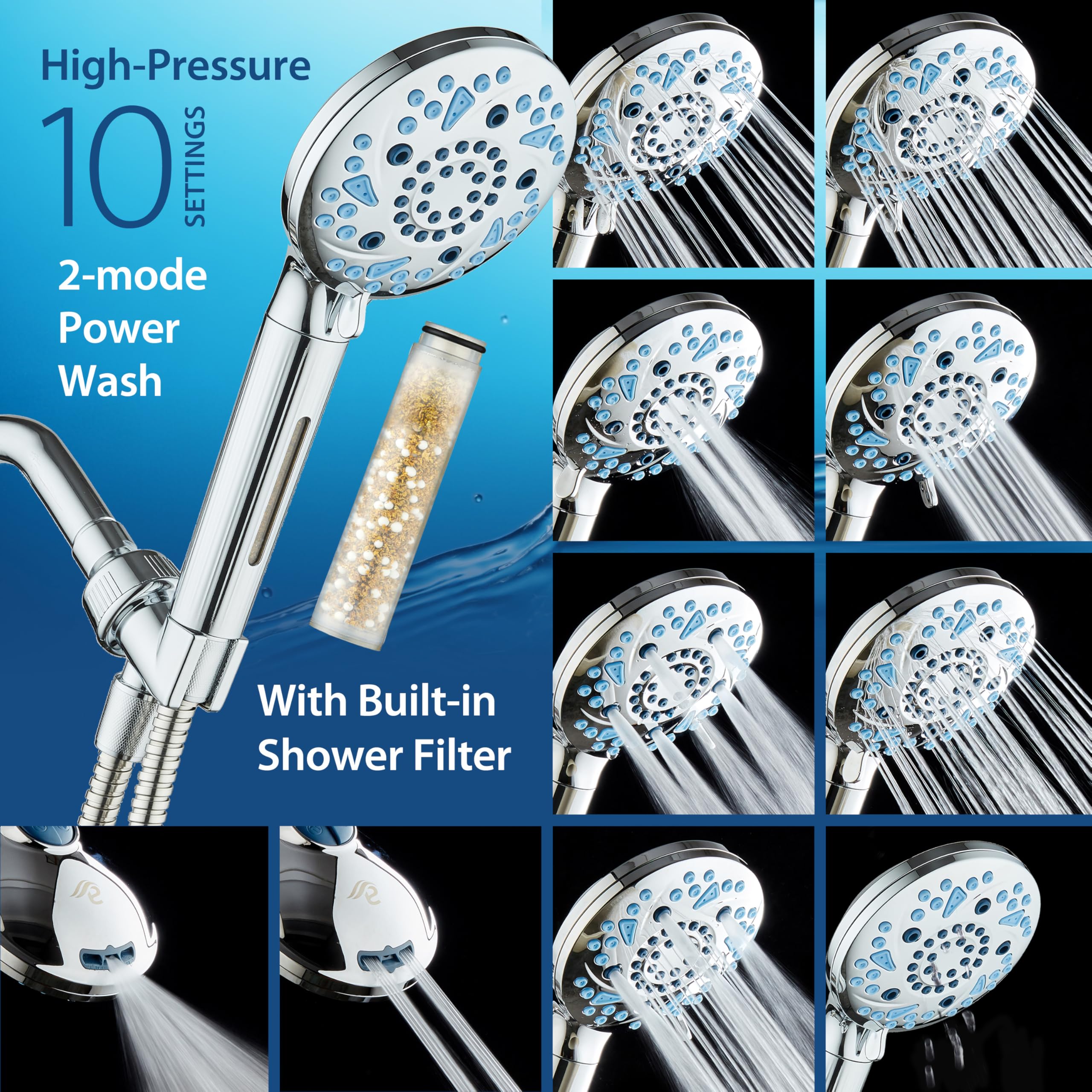 AquaCare High Pressure 10 Spray Mode Filtered Showerhead