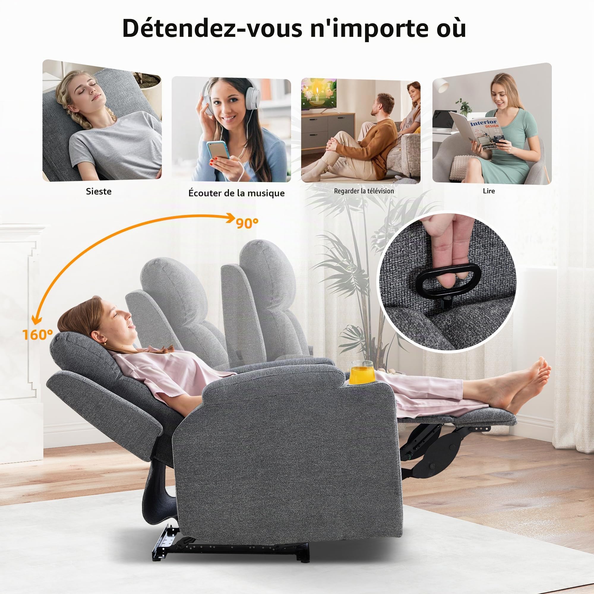 Simore Fauteuil de Relaxation Manuel Canapé télé avec Fonction allongement et Porte-gobelet, Fauteuil télé avec Repose-Pieds, Capacité de Charge Jusqu’à 150 kg, pour Salon, Gris foncé