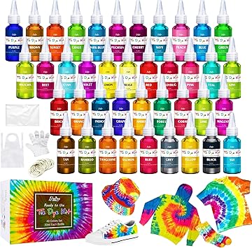 Tie Dye Kit - 40 Colors Permanent Fabric Dye with Rubber Bands, Gloves, Table Cover, Apron for Kids and Adults Tie-Dye Art - All-in-1 Textile Paint Dye for DIY Shirt, Hoodie Clothing Painting