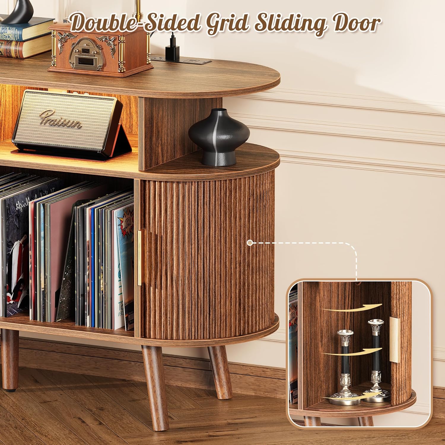 PRAISUN 47.2 Inch Large Record Player Stand with Power Outlets & 3-Color Lights, Vinyl Record Stand with 2 Fluted Cabinets, USB-C Port, Mid Century Modern Player Stand, Open Storage, Walnut