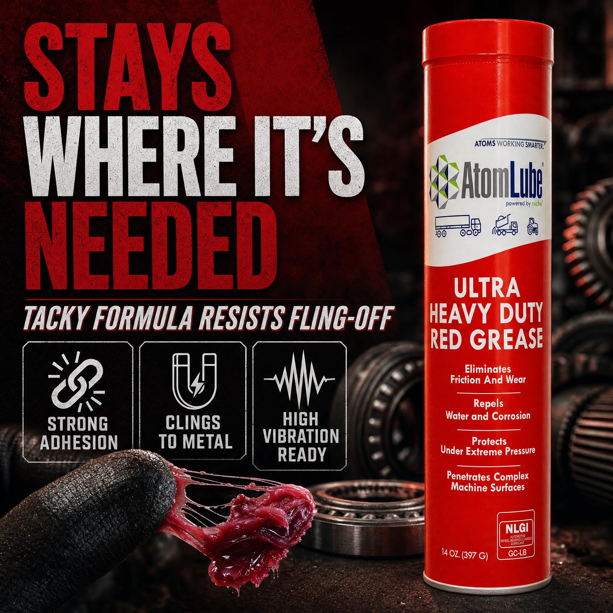AtomLube Ultra Heavy Duty Red Grease | wodoodporne rury do smarowania i smarowania o wysokiej tempie do powierzchni metalowych, smar do akcesoriów do ciężarówek, 2 sztuki po 14 uncji