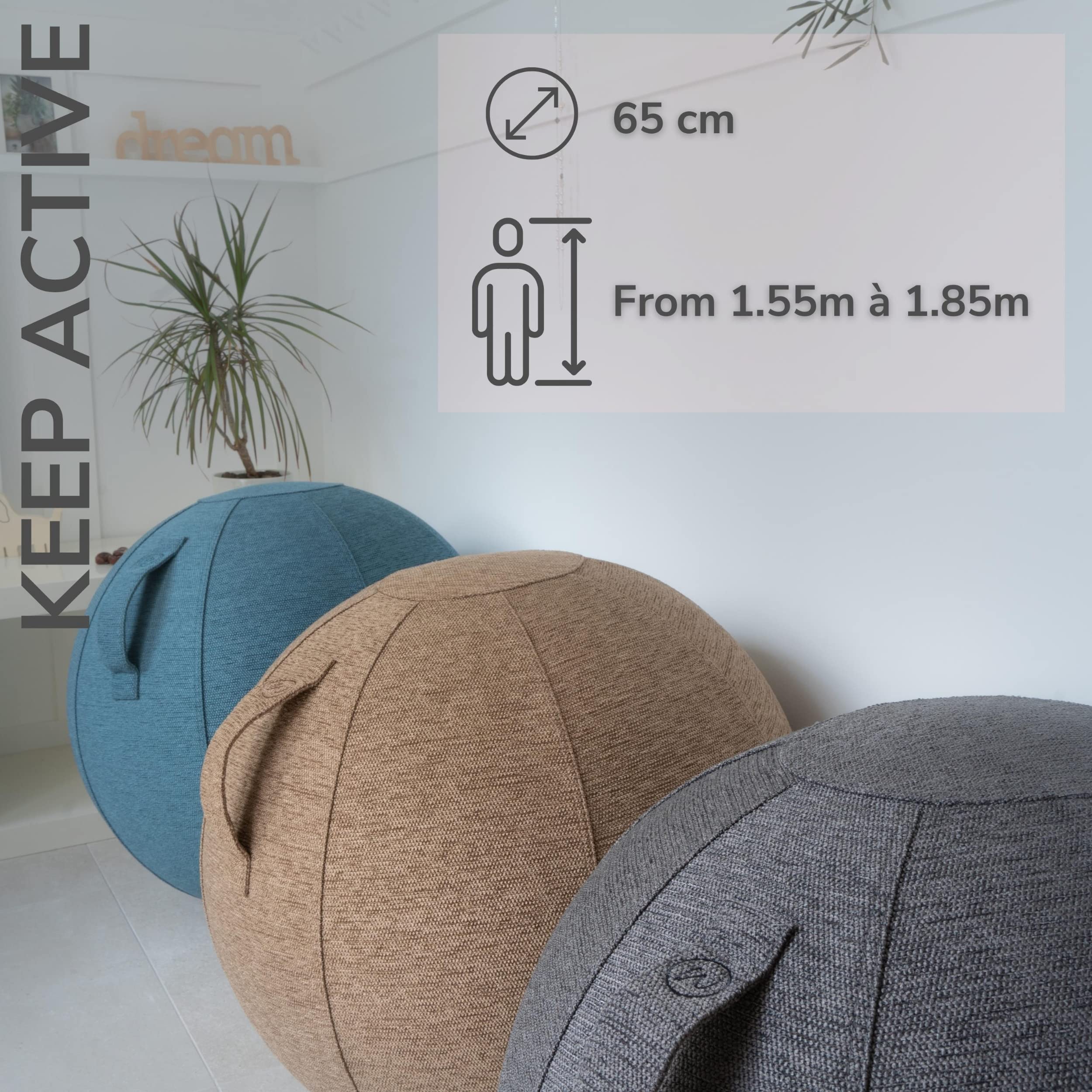 Siège Ballon WHIBALL pour Assise Ergonomique - Conçu pour Le Bureau et la Maison - Seat Ball Ø 65cm - Tissu d’ameublement résistant et indéformable - Ideal pour Une Assise Tonic & Dynamique (Bleu)